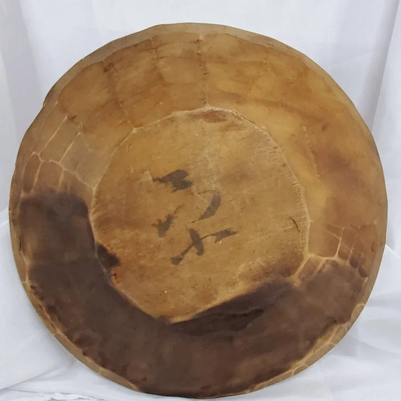 VTG Asian Hand Carved Wood Bowl Engraved Rustic Low Floral Design 11” Decorative - Picture 8 of 9